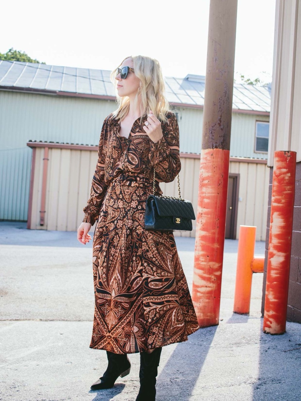 H&M x Richard Allen set Black and Brown Paisley Blouse and midi skirt 60’s 70’s
